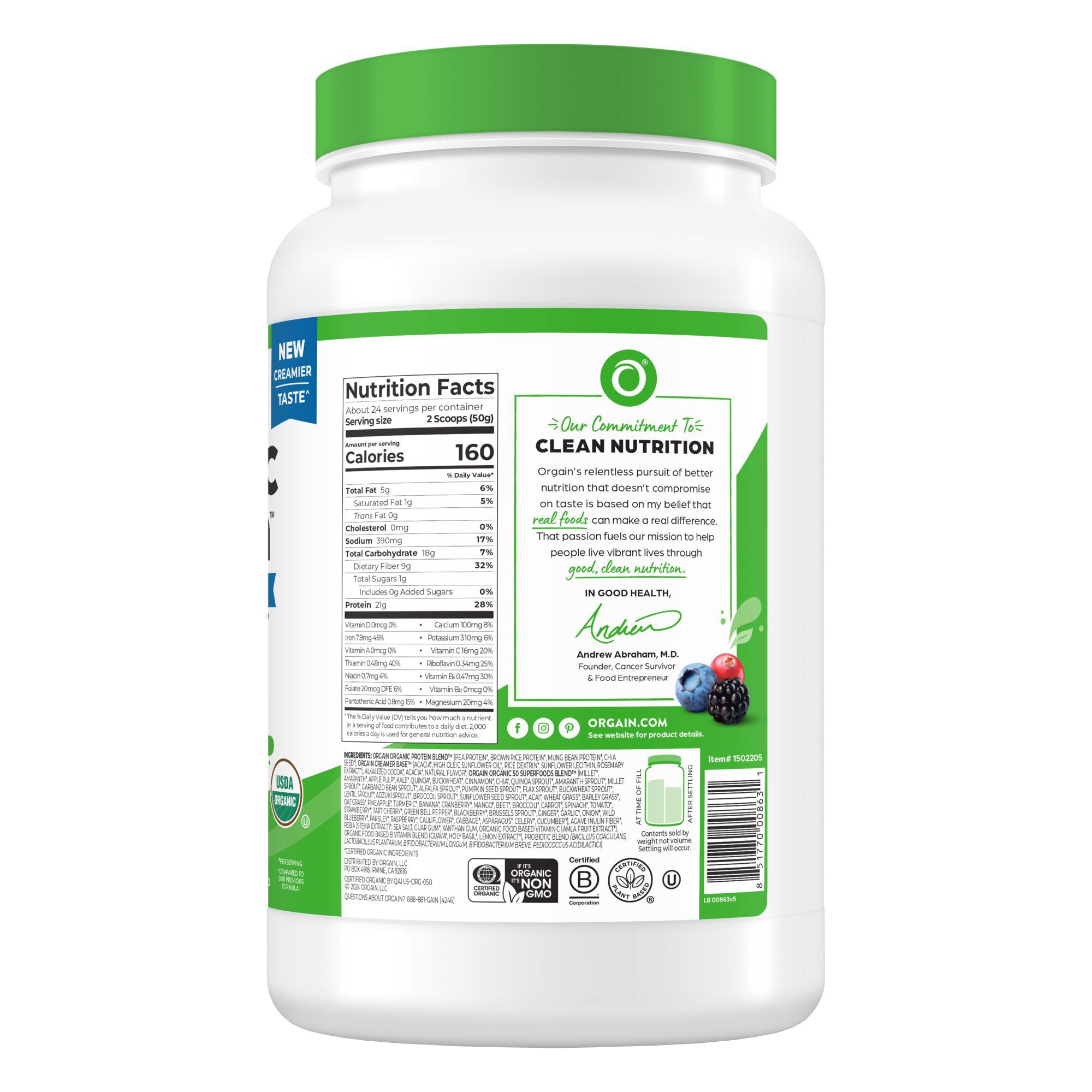 Organic Protein and Superfoods Plant Based Protein Powder, Creamy Chocolate Fudge, 2.64 Lbs