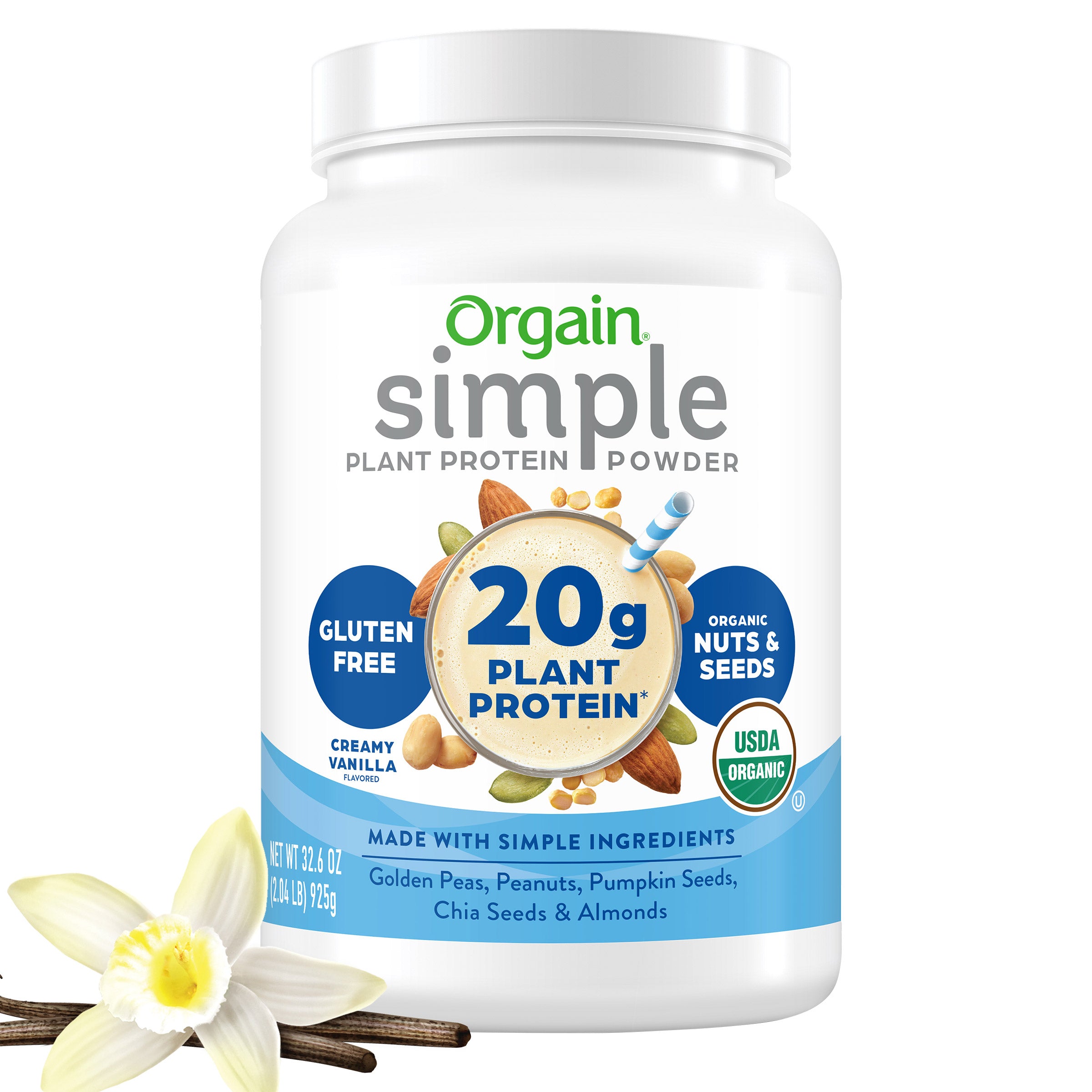 USDA Organic Simple Plant Protein Powder, Creamy Vanilla, 32.6 Oz
