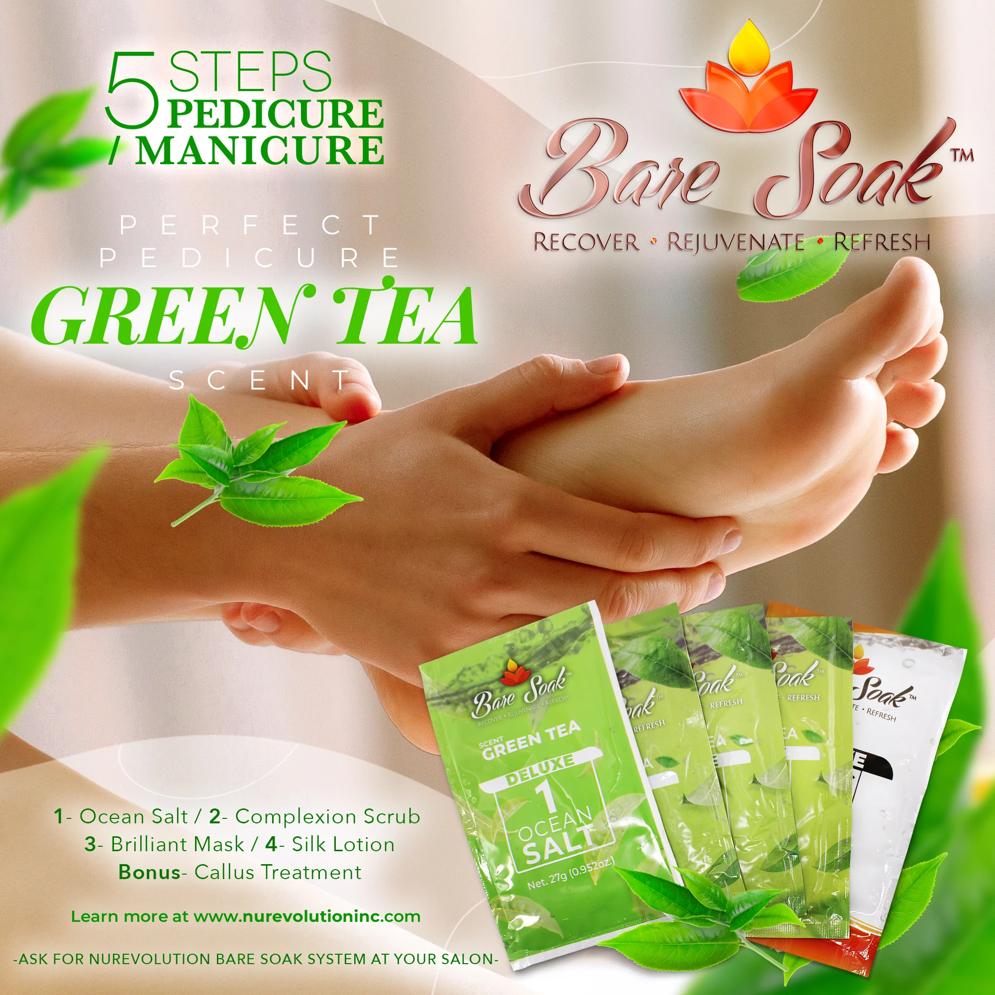 NuRevolution Deluxe 5 Steps Pedicure - Green Tea - Case of 50